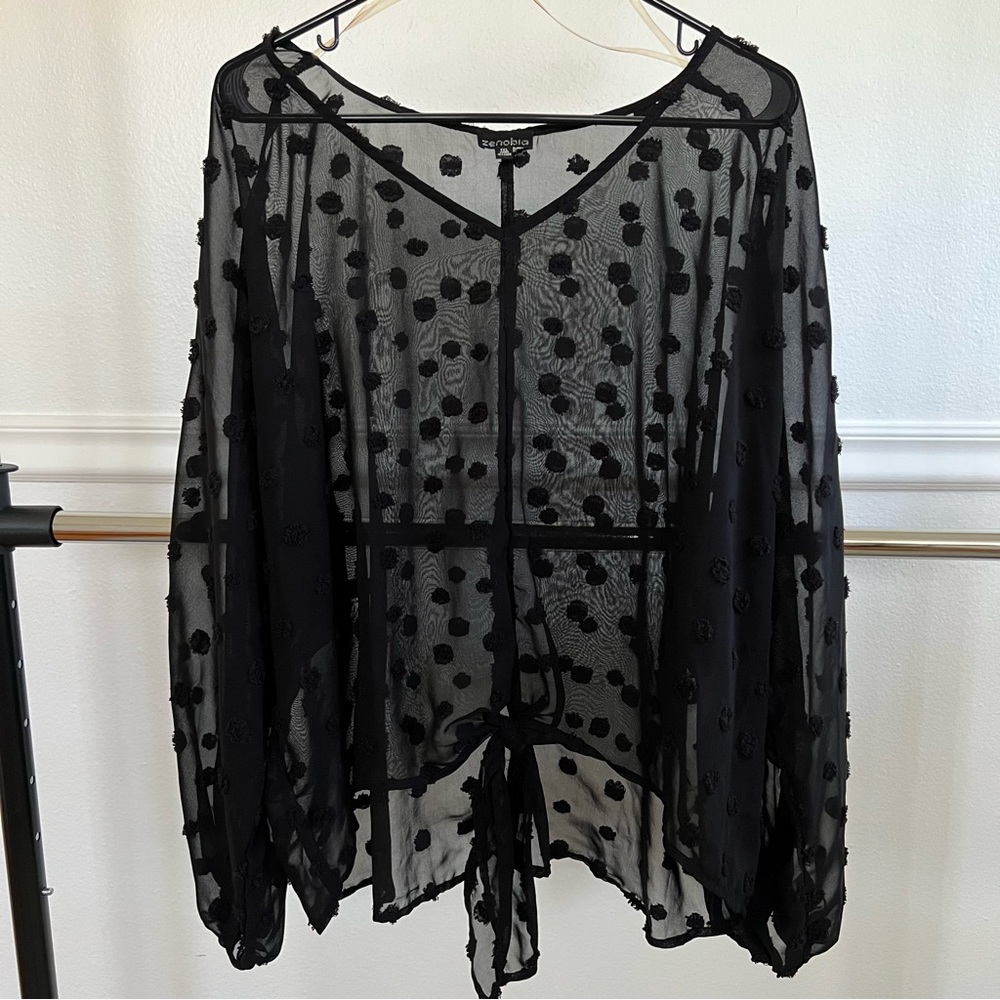 Polkadot sheer high v neck textured blouse with tie